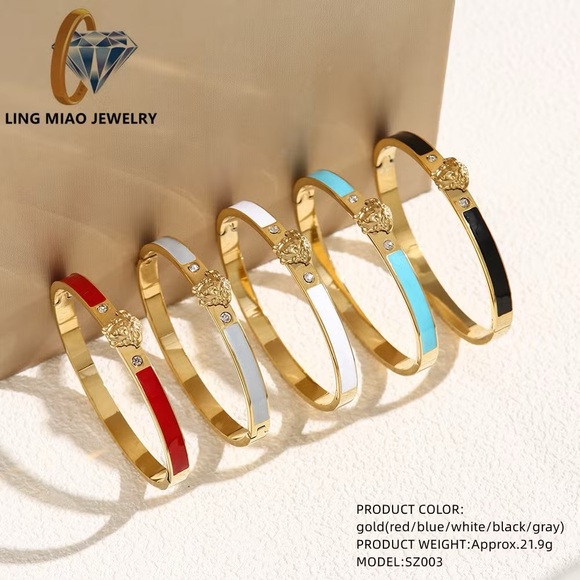 18K Gold Medusa Head Black Oil Drip Stackable Diamond Inlay Bracelet No Fade - Picture 5 of 7